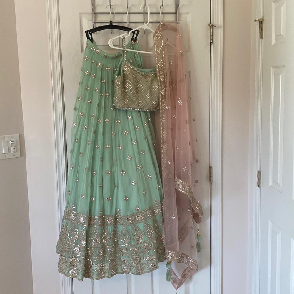 Mint/blue mirror work lehenga with pink dupatta